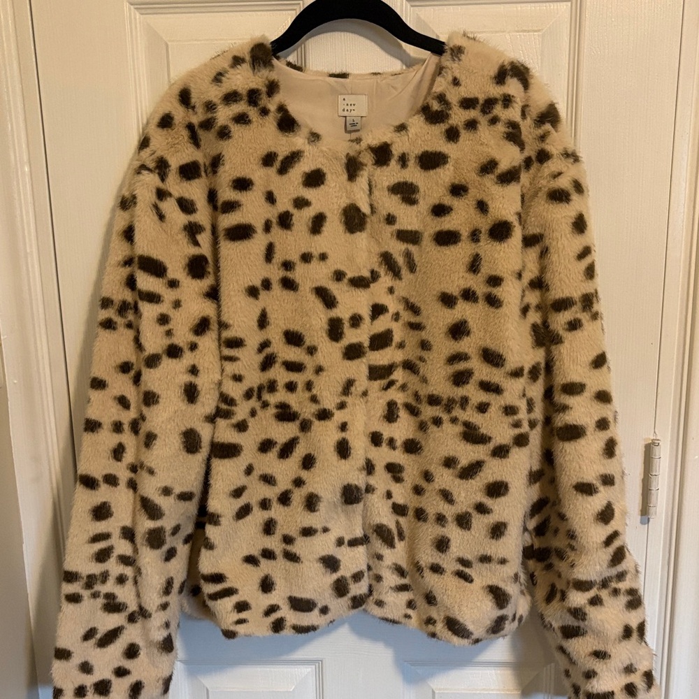 a new day Cream and Brown Faux Fur Leopard Jacket